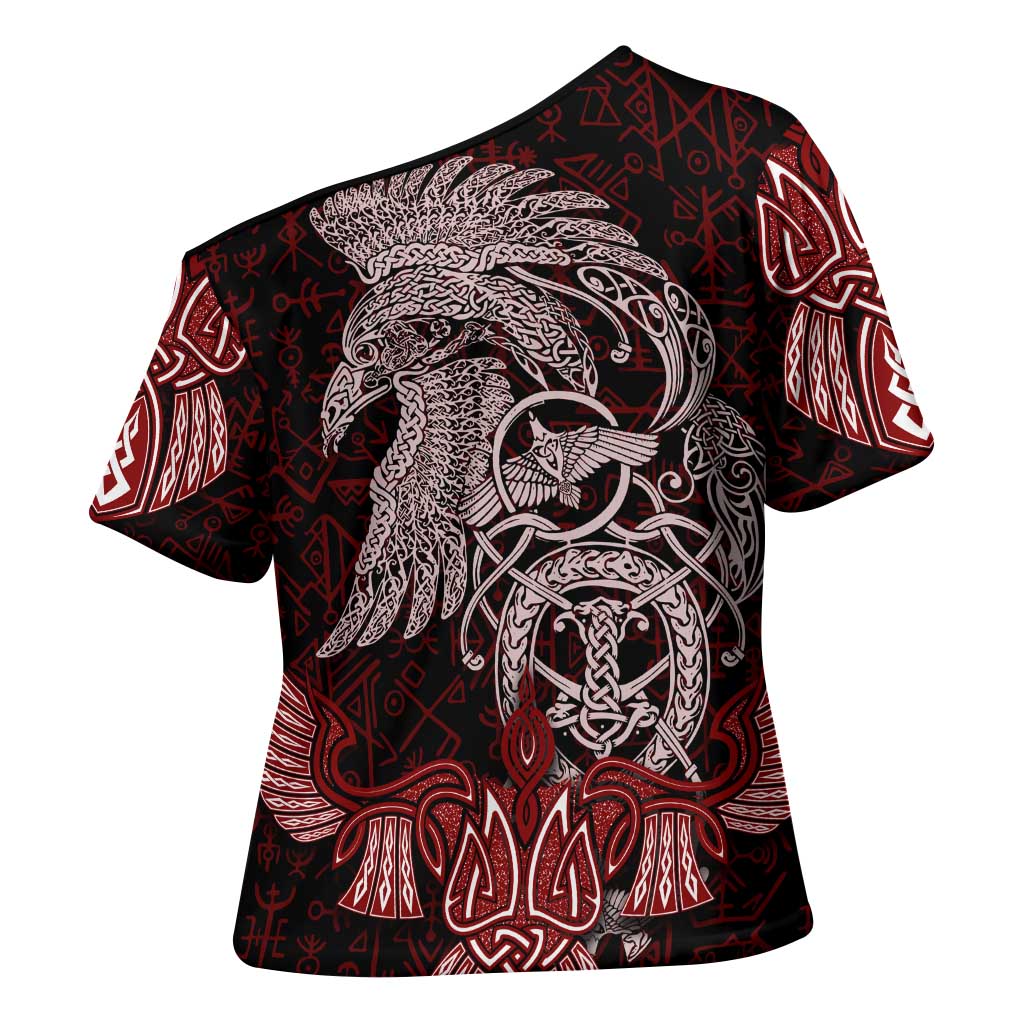 Raven and Serpent Norse Mythology Cross Shoulder Shirt Red and White Viking Line Art