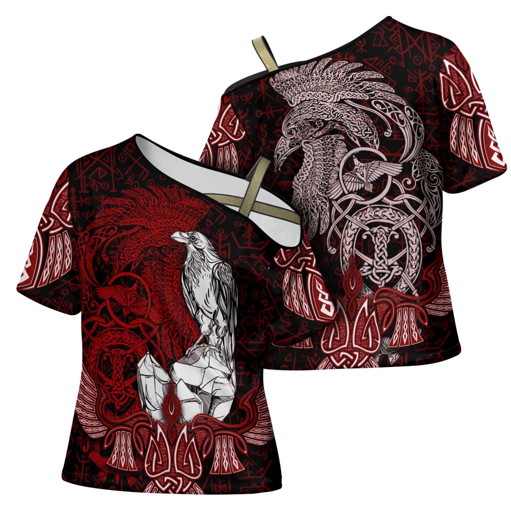 Raven and Serpent Norse Mythology Cross Shoulder Shirt Red and White Viking Line Art