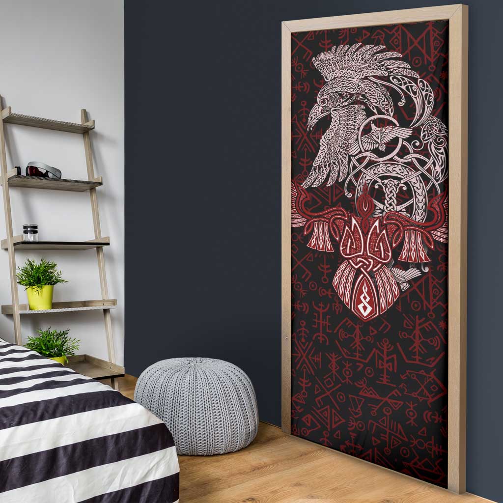Raven and Serpent Norse Mythology Door Cover Red and White Viking Line Art