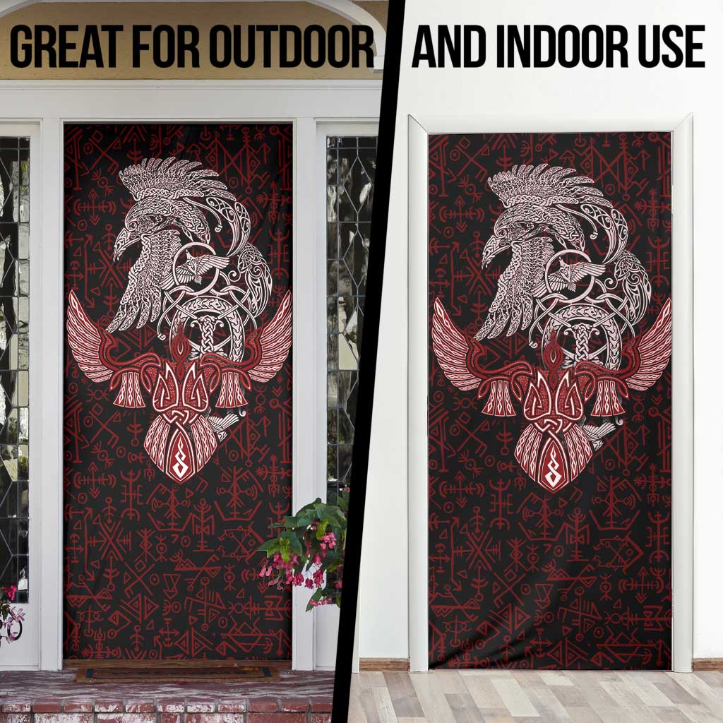 Raven and Serpent Norse Mythology Door Cover Red and White Viking Line Art