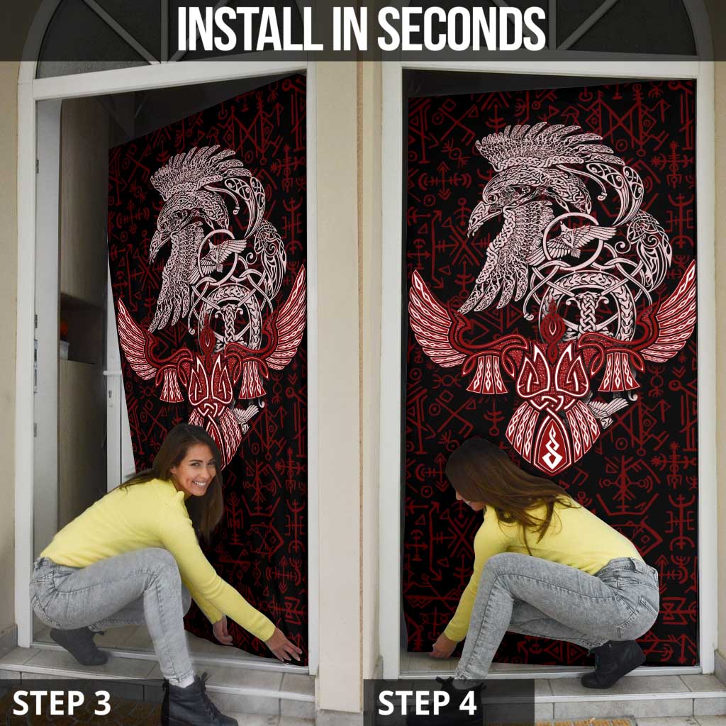 Raven and Serpent Norse Mythology Door Cover Red and White Viking Line Art