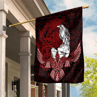 Raven and Serpent Norse Mythology Garden Flag Red and White Viking Line Art