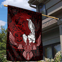 Raven and Serpent Norse Mythology Garden Flag Red and White Viking Line Art