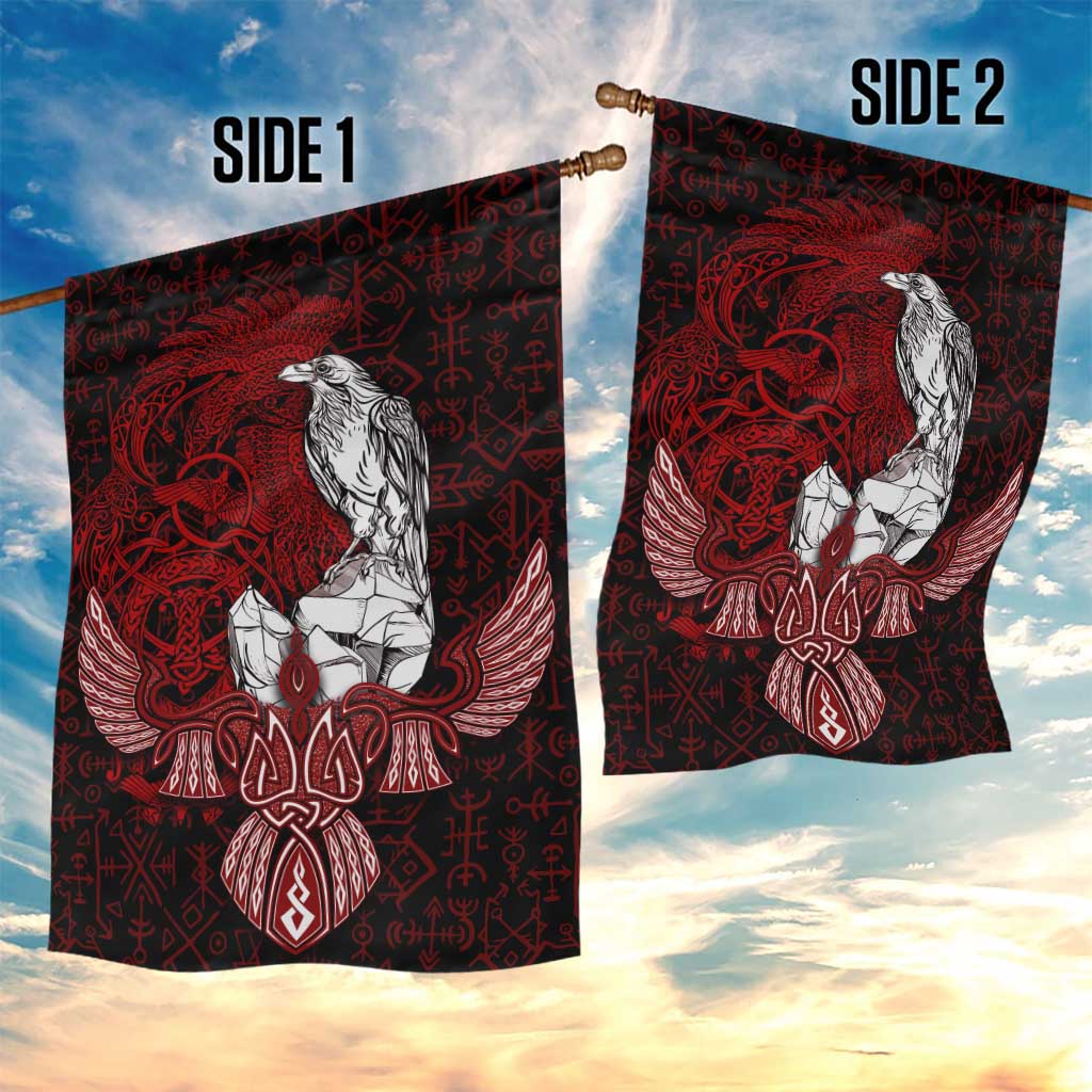Raven and Serpent Norse Mythology Garden Flag Red and White Viking Line Art