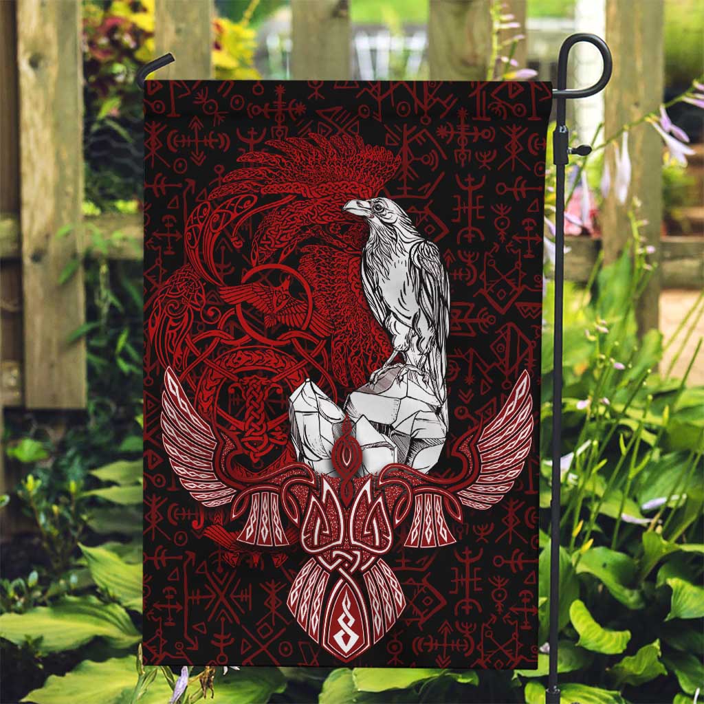 Raven and Serpent Norse Mythology Garden Flag Red and White Viking Line Art