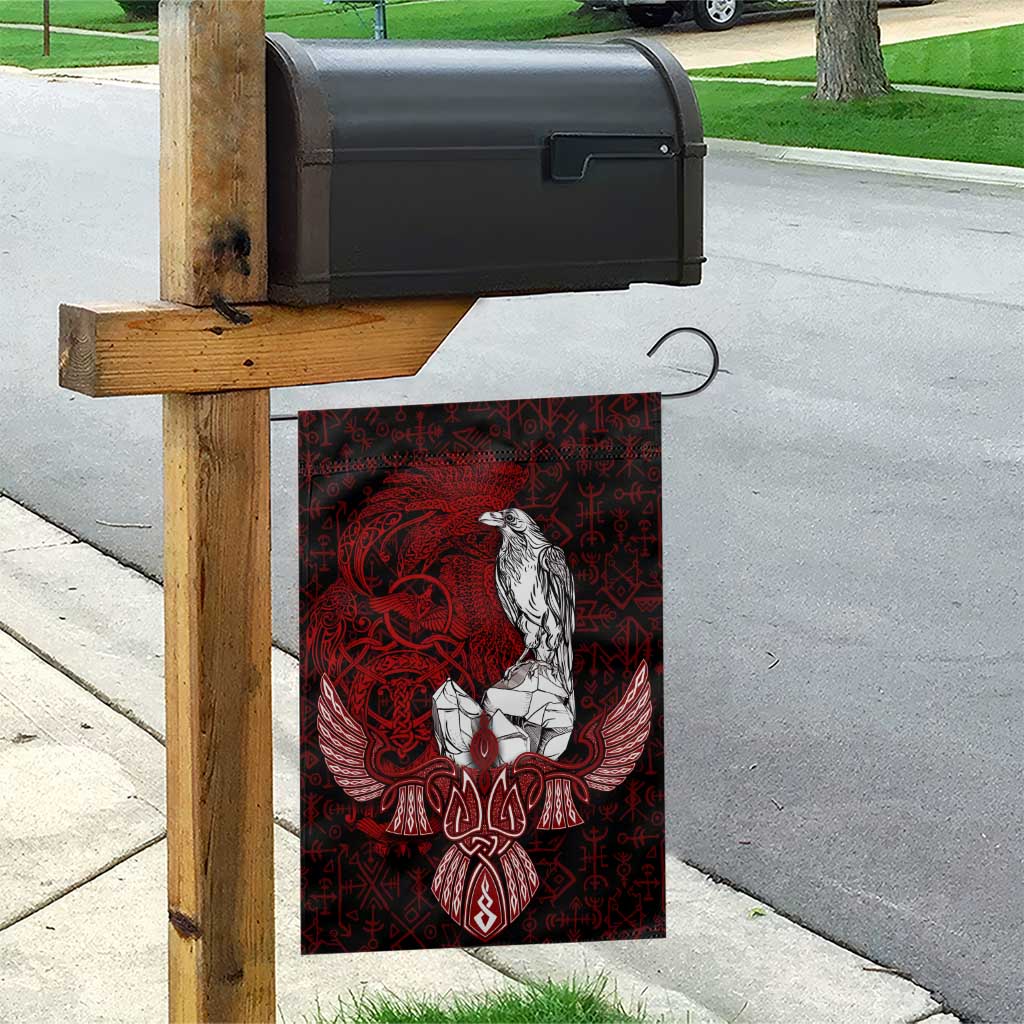 Raven and Serpent Norse Mythology Garden Flag Red and White Viking Line Art
