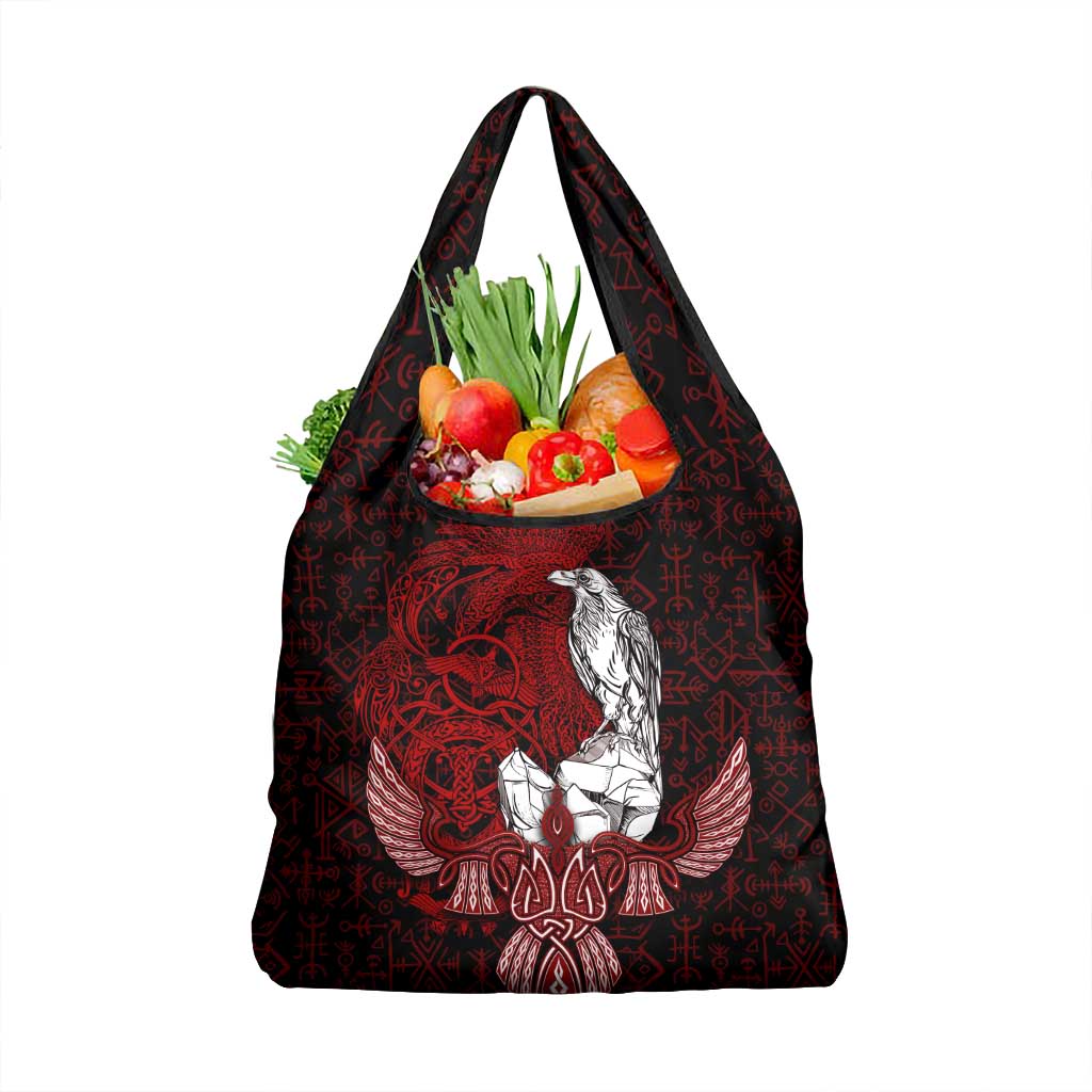 Raven and Serpent Norse Mythology Grocery Bag Red and White Viking Line Art