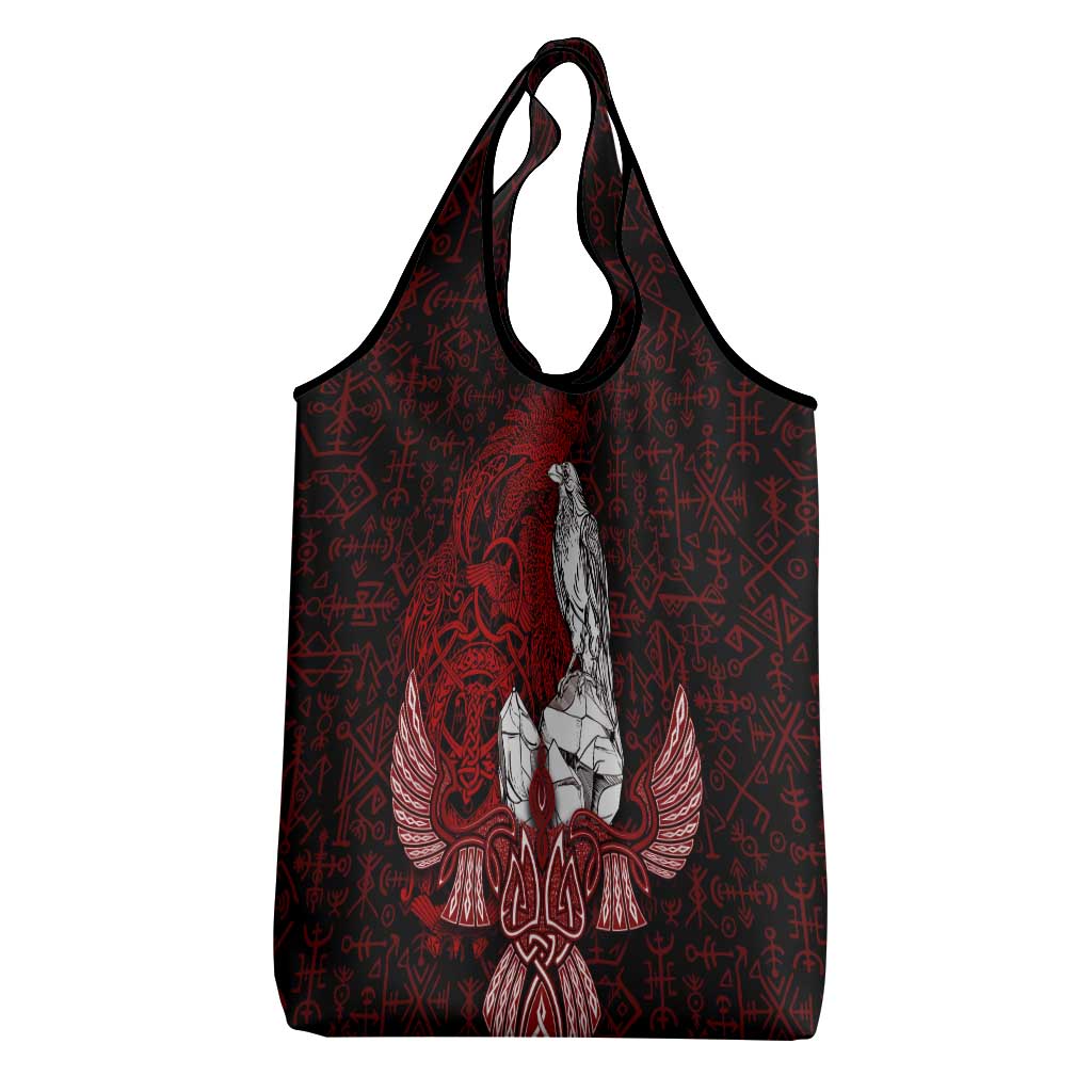 Raven and Serpent Norse Mythology Grocery Bag Red and White Viking Line Art