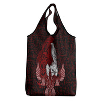 Raven and Serpent Norse Mythology Grocery Bag Red and White Viking Line Art
