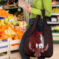 Raven and Serpent Norse Mythology Grocery Bag Red and White Viking Line Art