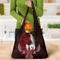 Raven and Serpent Norse Mythology Grocery Bag Red and White Viking Line Art