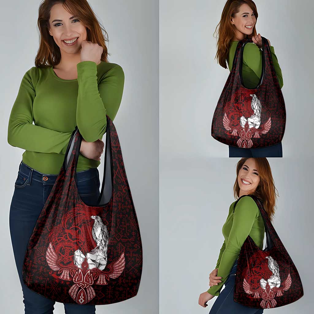 Raven and Serpent Norse Mythology Grocery Bag Red and White Viking Line Art