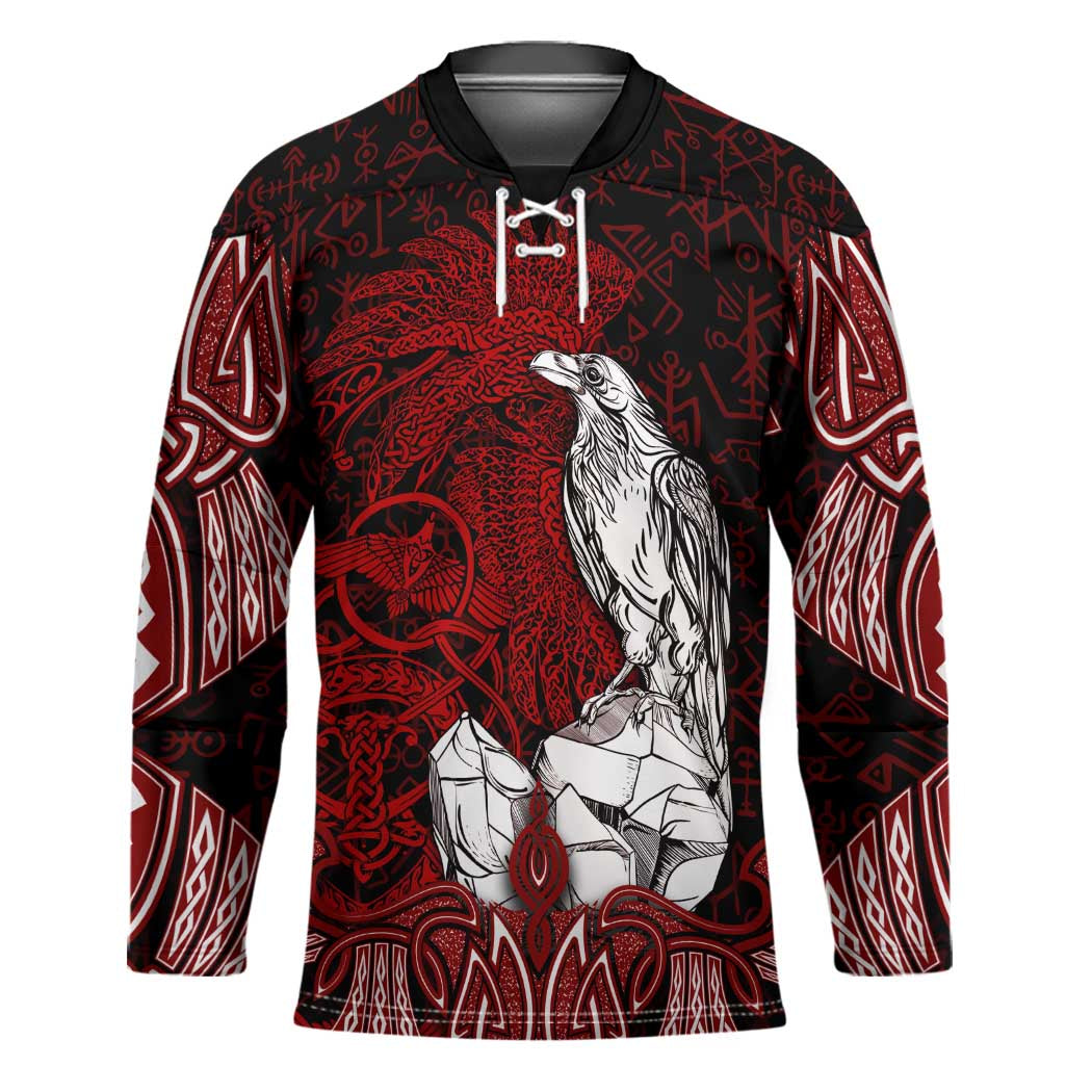 Raven and Serpent Norse Mythology Hockey Jersey Red and White Viking Line Art