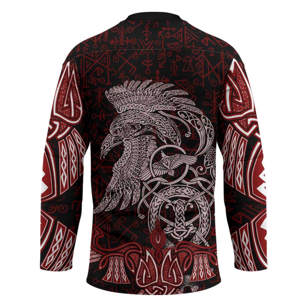 Raven and Serpent Norse Mythology Hockey Jersey Red and White Viking Line Art