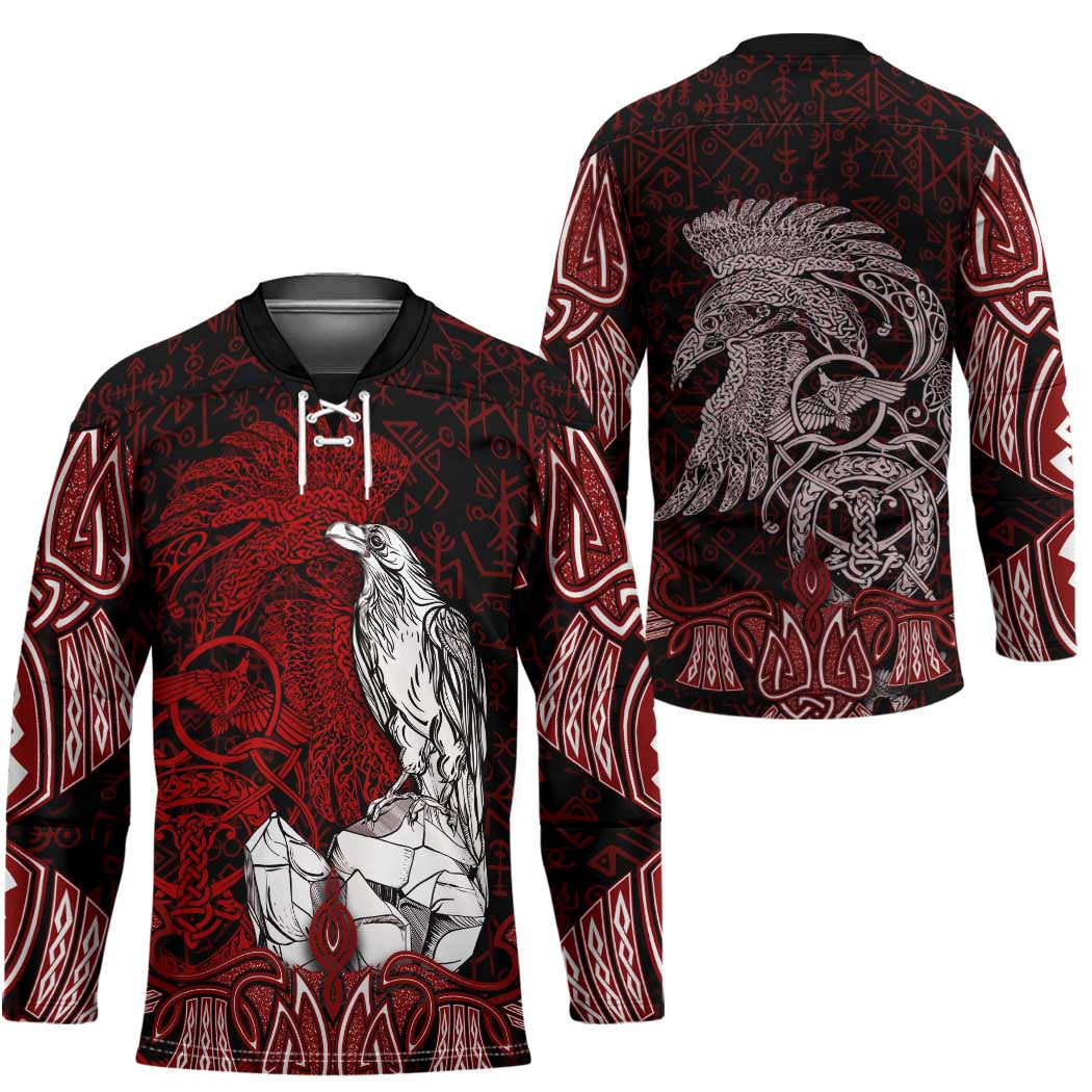 Raven and Serpent Norse Mythology Hockey Jersey Red and White Viking Line Art