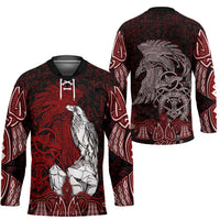 Raven and Serpent Norse Mythology Hockey Jersey Red and White Viking Line Art