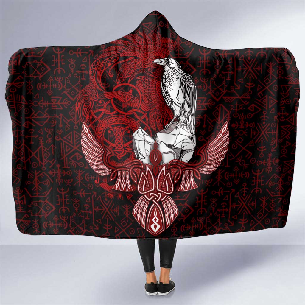 Raven and Serpent Norse Mythology Hooded Blanket Red and White Viking Line Art