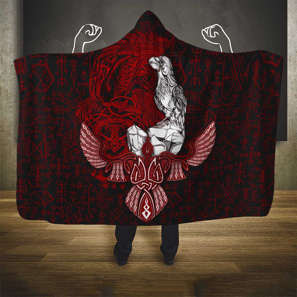 Raven and Serpent Norse Mythology Hooded Blanket Red and White Viking Line Art
