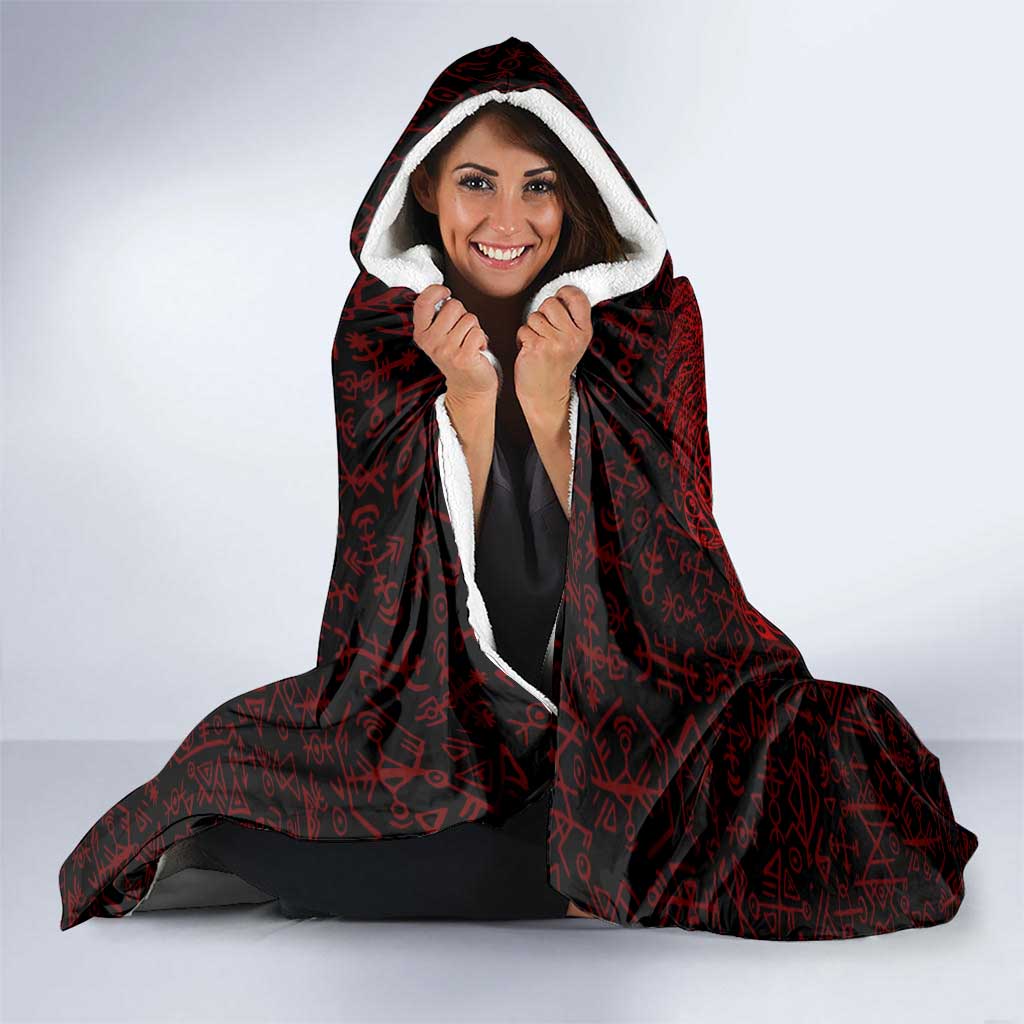 Raven and Serpent Norse Mythology Hooded Blanket Red and White Viking Line Art