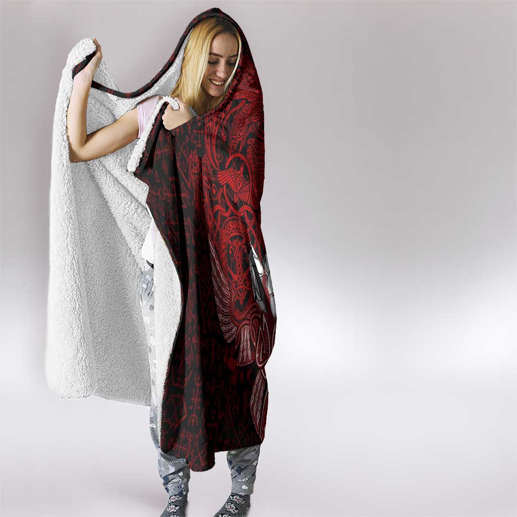 Raven and Serpent Norse Mythology Hooded Blanket Red and White Viking Line Art