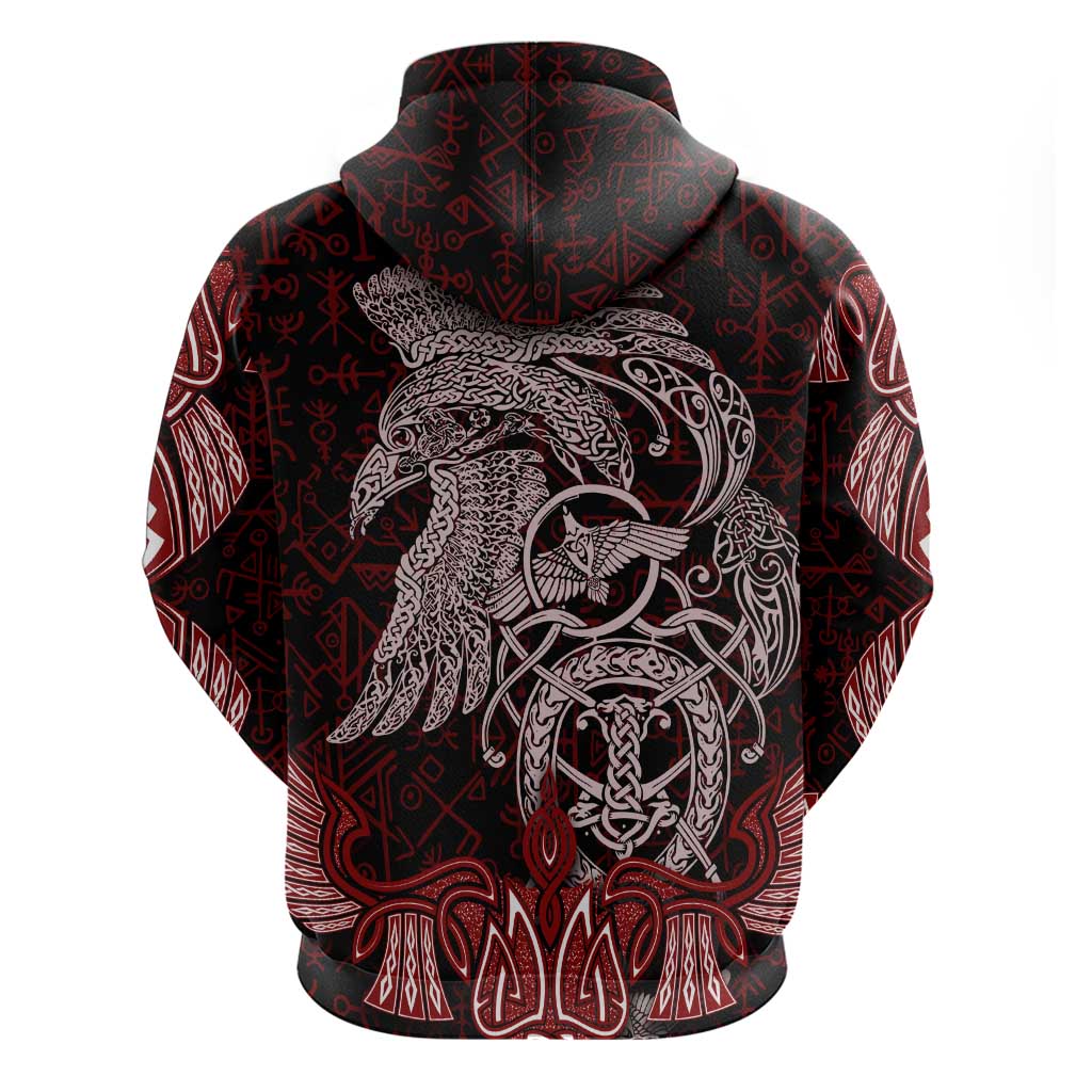 Raven and Serpent Norse Mythology Hoodie Red and White Viking Line Art
