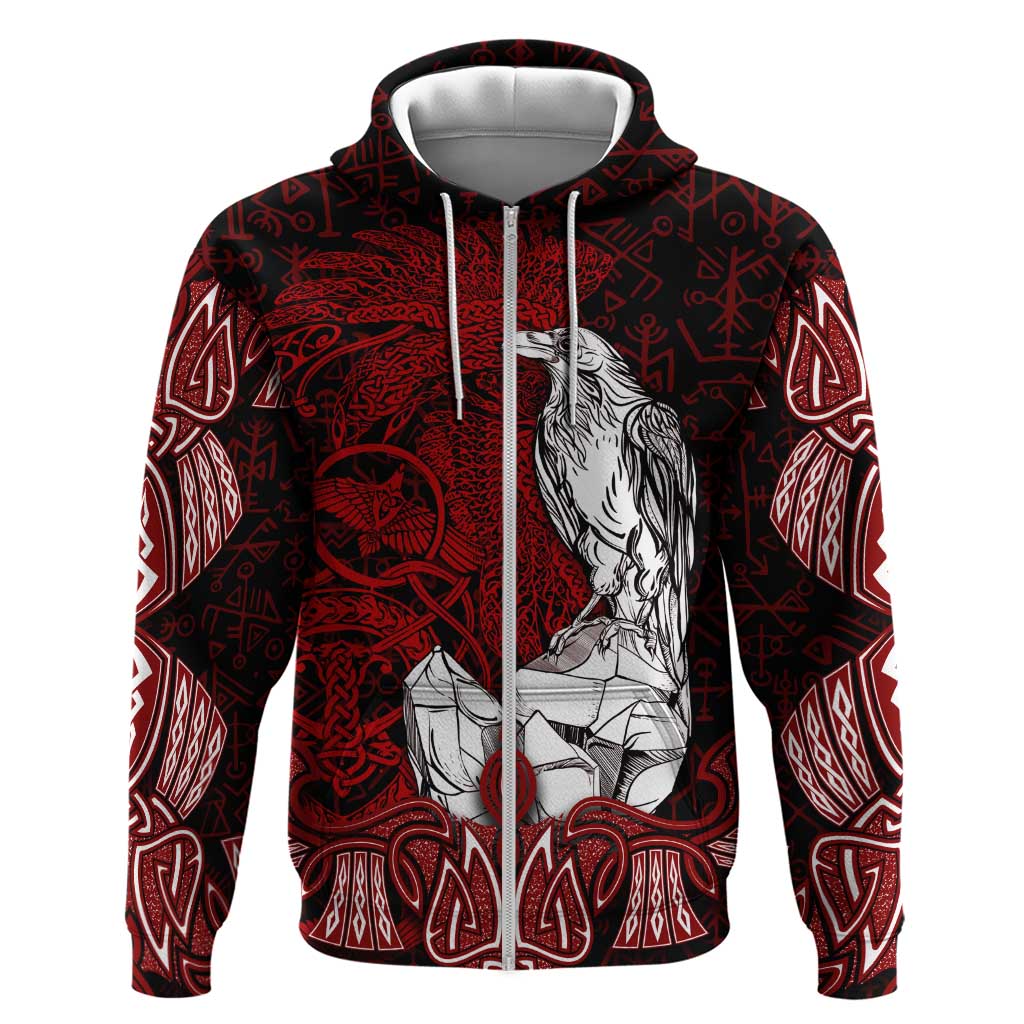 Raven and Serpent Norse Mythology Hoodie Red and White Viking Line Art