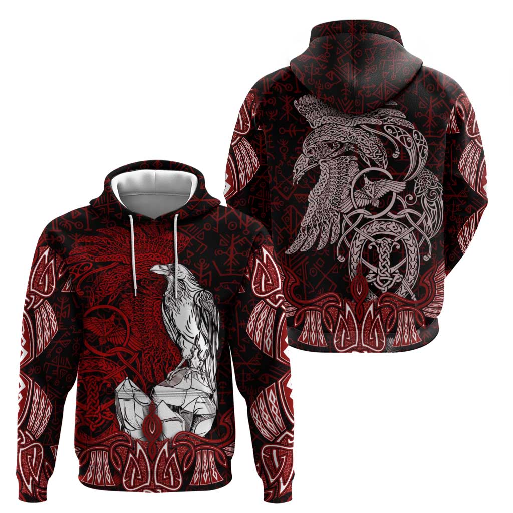Raven and Serpent Norse Mythology Hoodie Red and White Viking Line Art