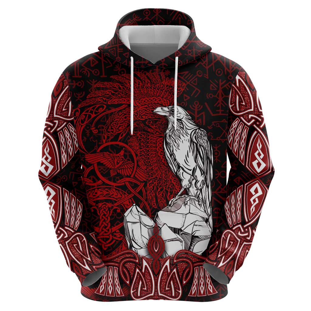 Raven and Serpent Norse Mythology Hoodie Red and White Viking Line Art