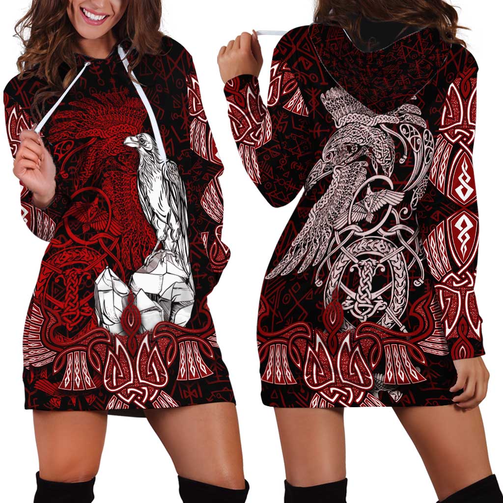 Raven and Serpent Norse Mythology Hoodie Dress Red and White Viking Line Art