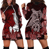 Raven and Serpent Norse Mythology Hoodie Dress Red and White Viking Line Art