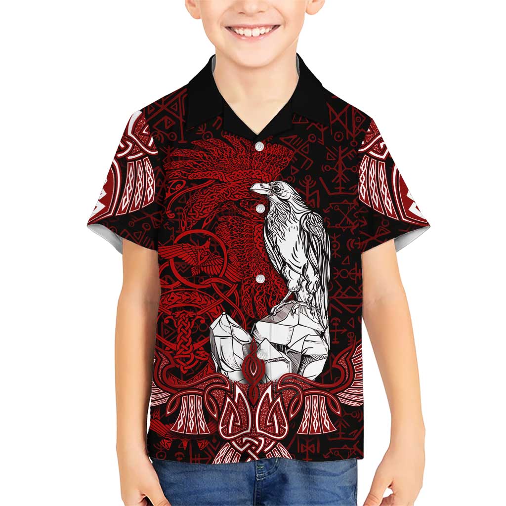 Raven and Serpent Norse Mythology Kid Hawaiian Shirt Red and White Viking Line Art