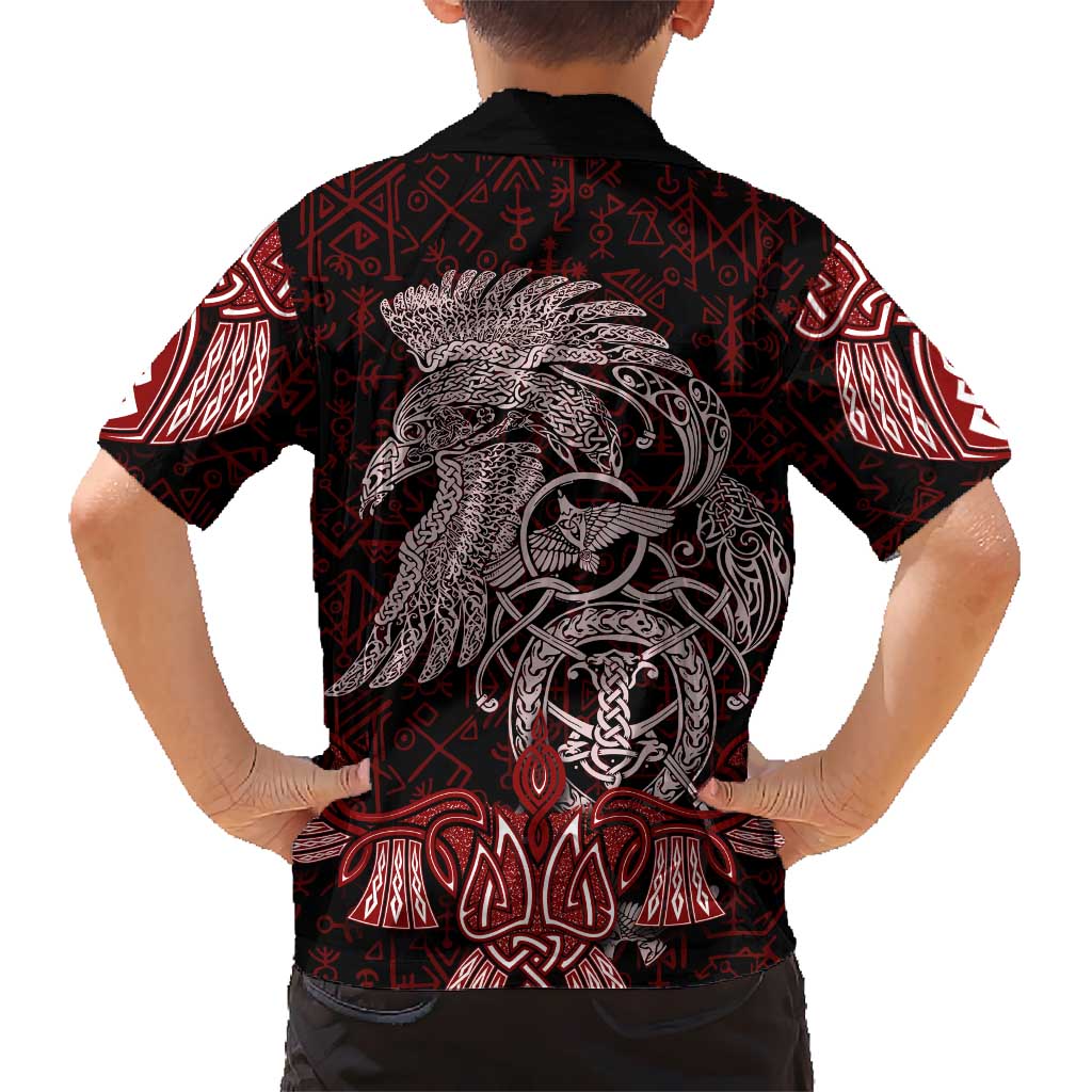 Raven and Serpent Norse Mythology Kid Hawaiian Shirt Red and White Viking Line Art