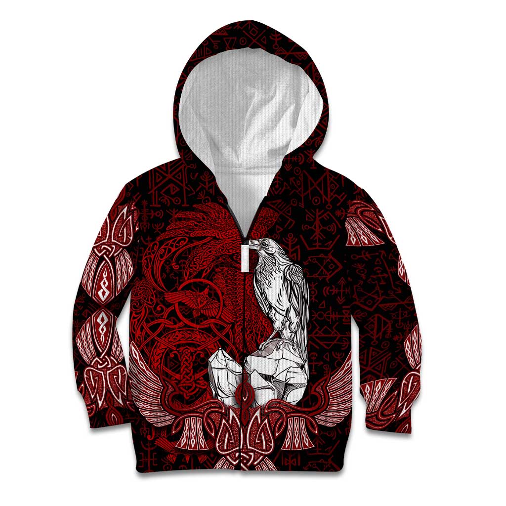 Raven and Serpent Norse Mythology Kid Hoodie Red and White Viking Line Art