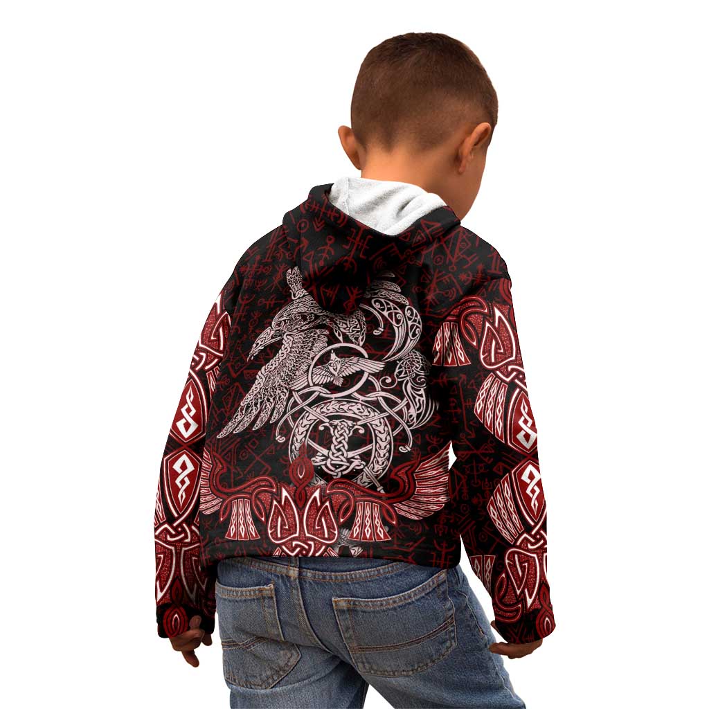 Raven and Serpent Norse Mythology Kid Hoodie Red and White Viking Line Art