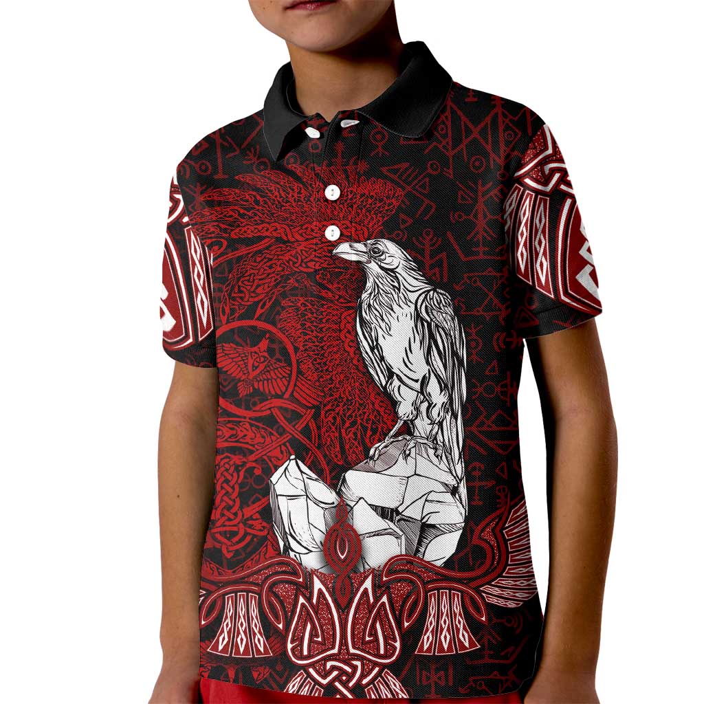 Raven and Serpent Norse Mythology Kid Polo Shirt Red and White Viking Line Art