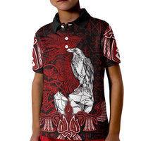 Raven and Serpent Norse Mythology Kid Polo Shirt Red and White Viking Line Art