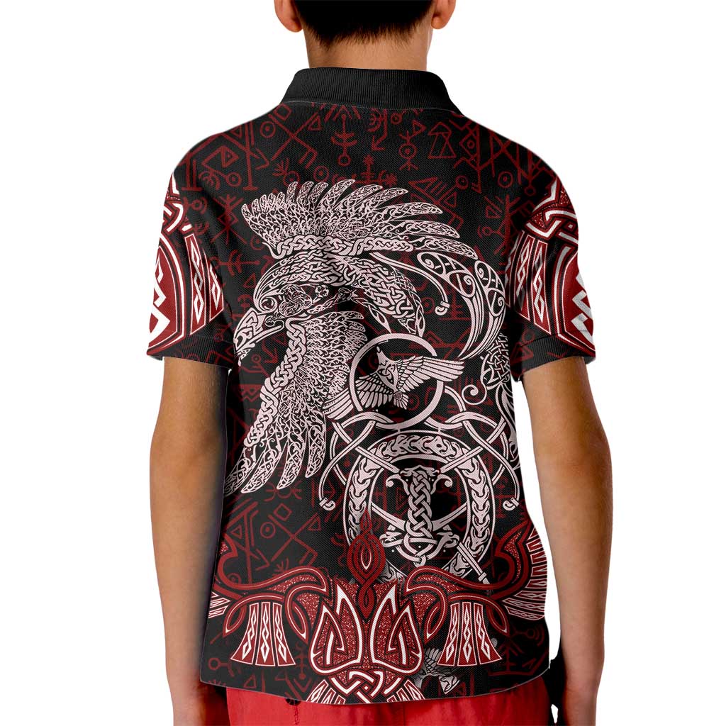 Raven and Serpent Norse Mythology Kid Polo Shirt Red and White Viking Line Art