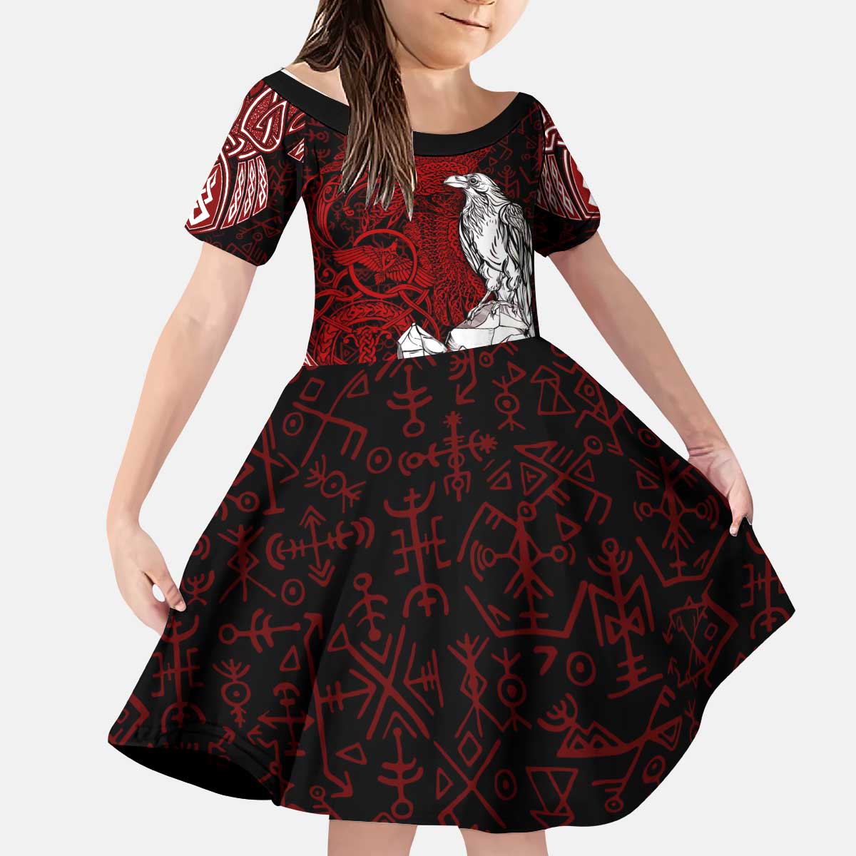 Raven and Serpent Norse Mythology Kid Short Sleeve Dress Red and White Viking Line Art