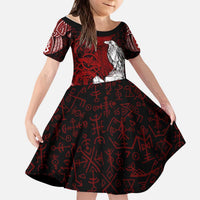 Raven and Serpent Norse Mythology Kid Short Sleeve Dress Red and White Viking Line Art