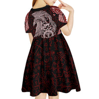 Raven and Serpent Norse Mythology Kid Short Sleeve Dress Red and White Viking Line Art