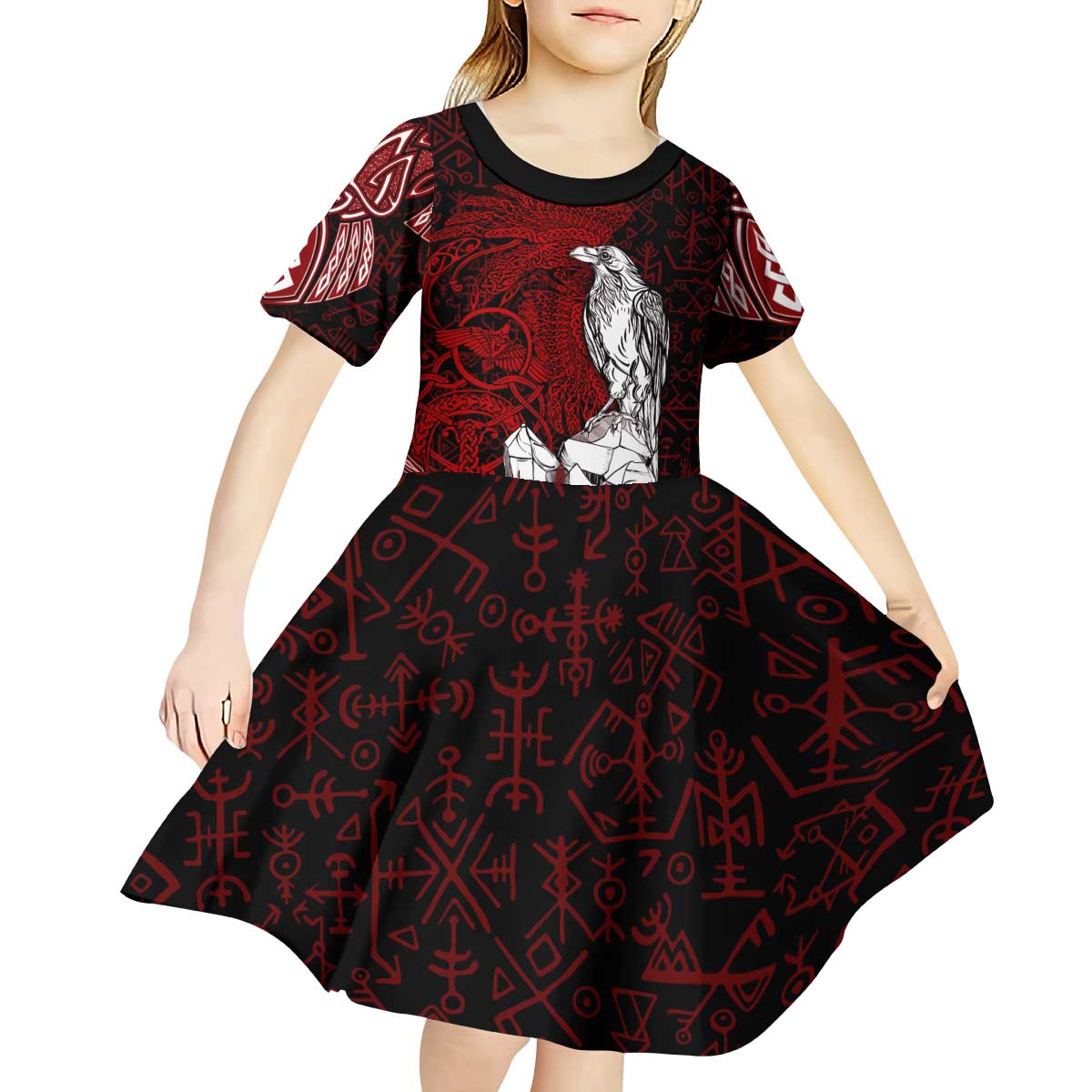 Raven and Serpent Norse Mythology Kid Short Sleeve Dress Red and White Viking Line Art