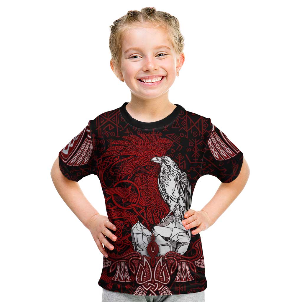 Raven and Serpent Norse Mythology Kid T Shirt Red and White Viking Line Art