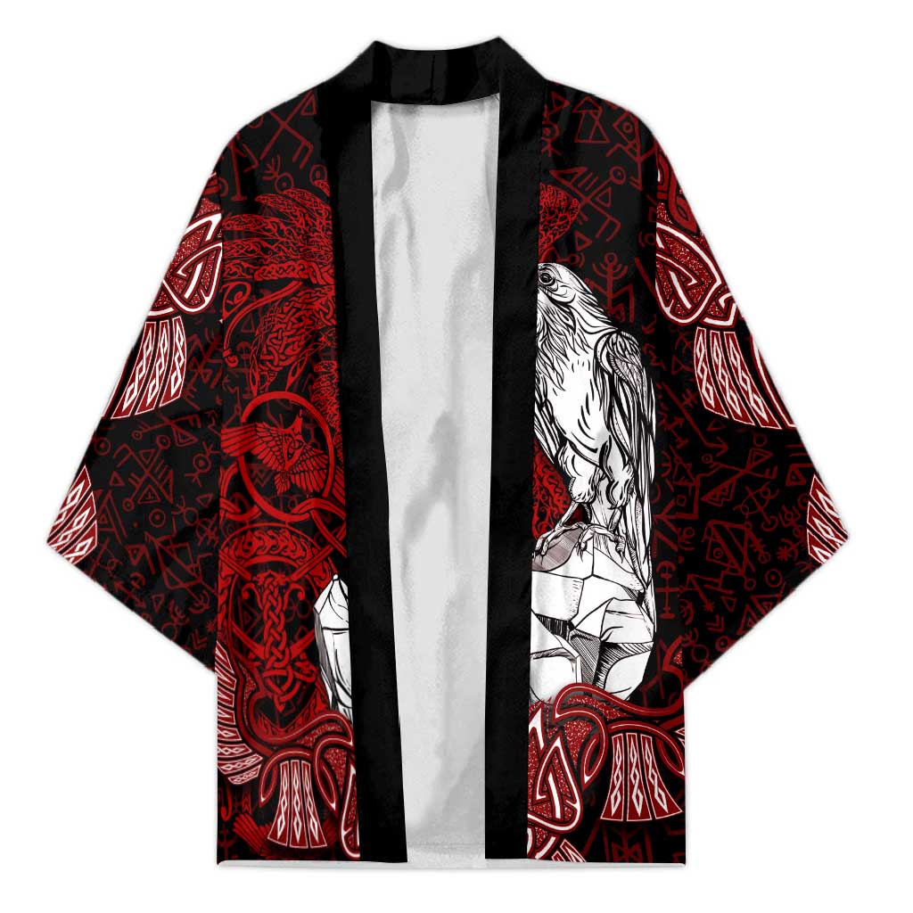 Raven and Serpent Norse Mythology Kimono Red and White Viking Line Art