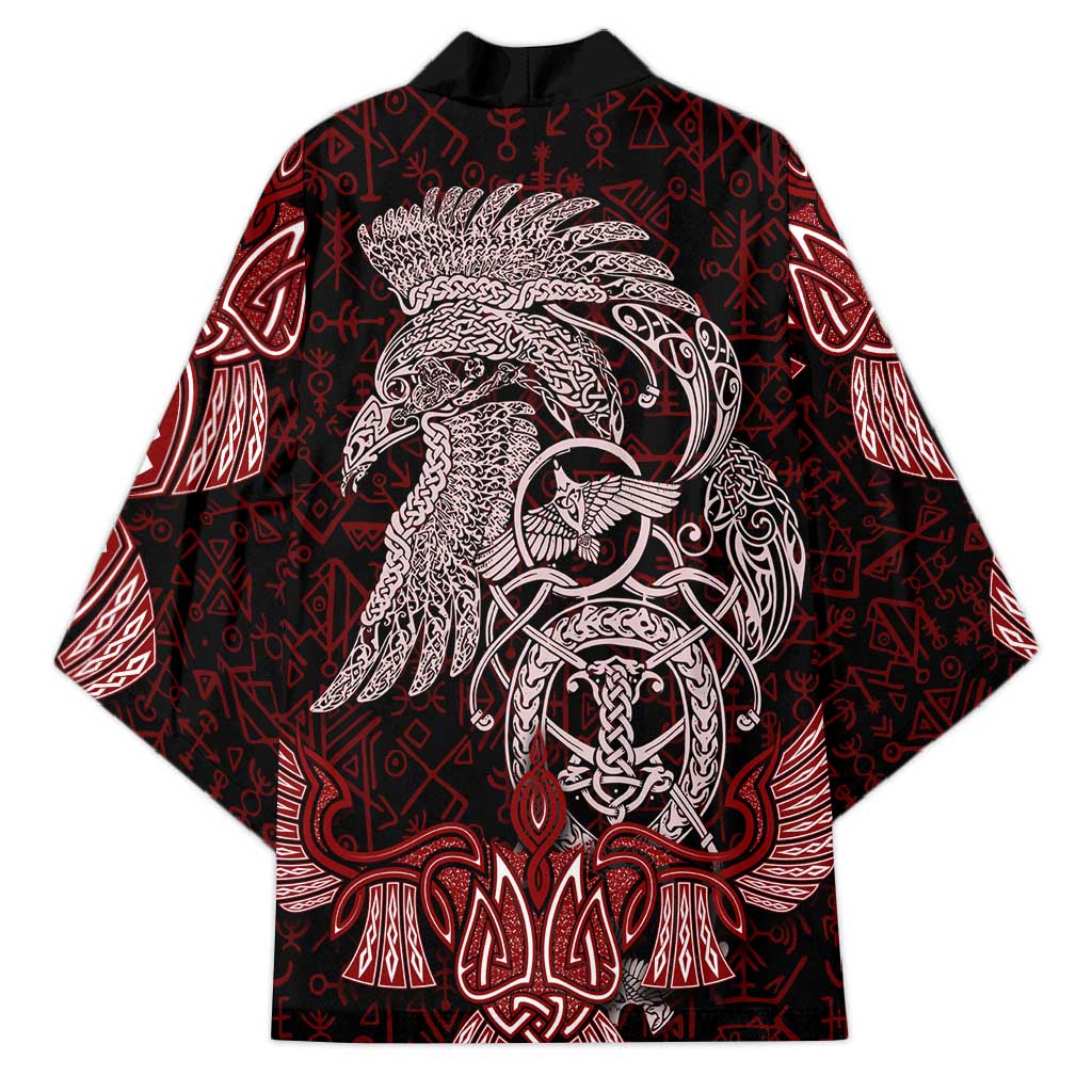 Raven and Serpent Norse Mythology Kimono Red and White Viking Line Art