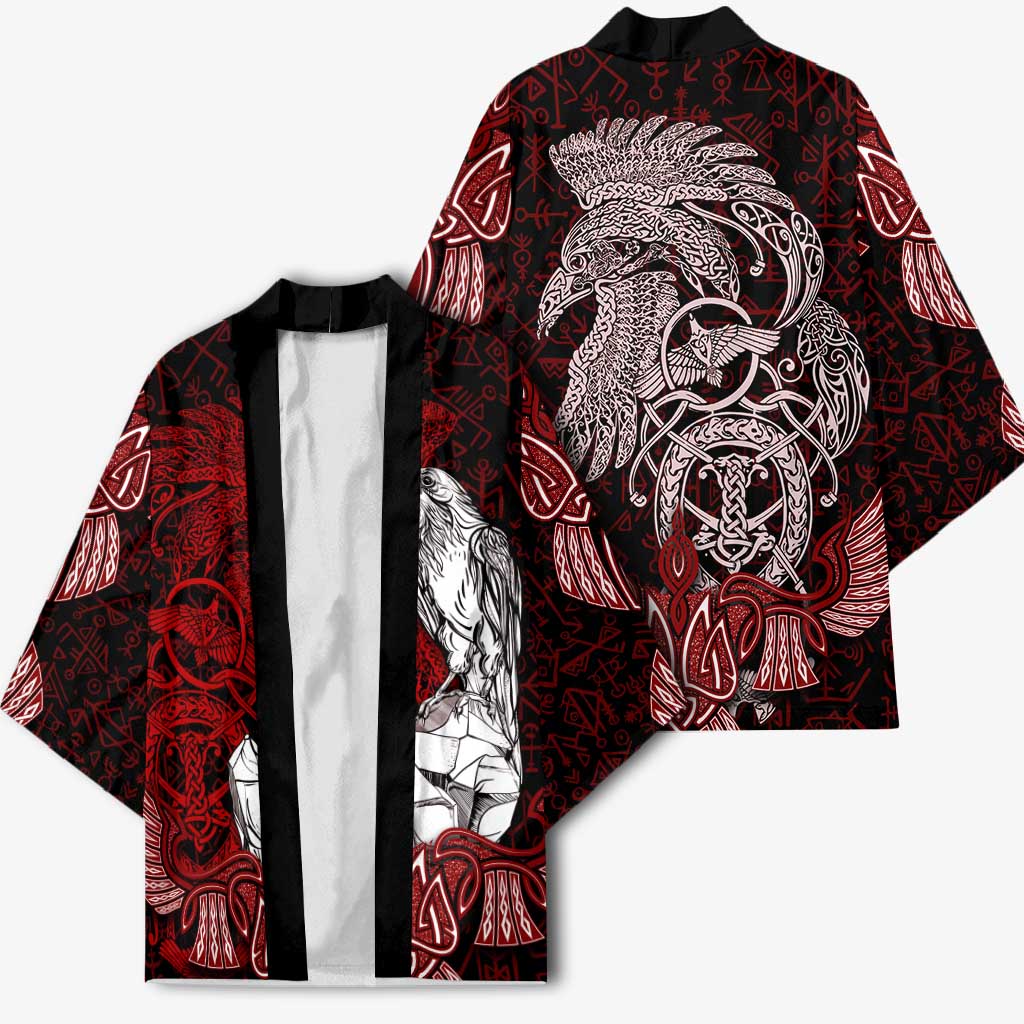 Raven and Serpent Norse Mythology Kimono Red and White Viking Line Art