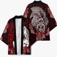 Raven and Serpent Norse Mythology Kimono Red and White Viking Line Art