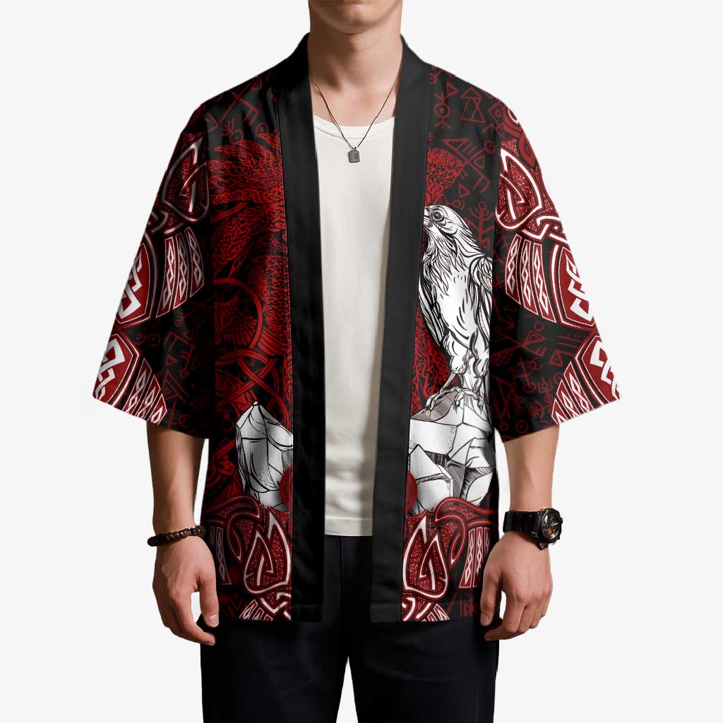 Raven and Serpent Norse Mythology Kimono Red and White Viking Line Art