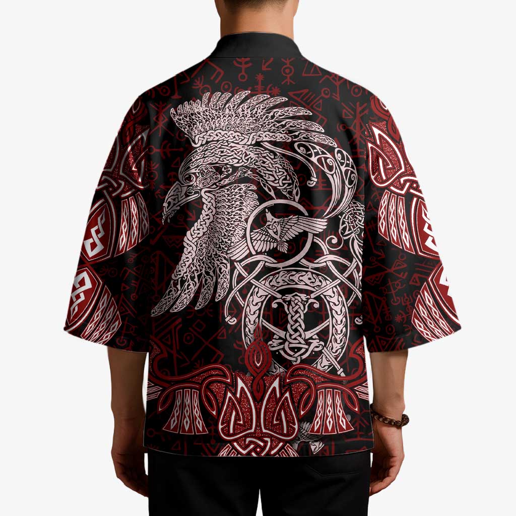 Raven and Serpent Norse Mythology Kimono Red and White Viking Line Art