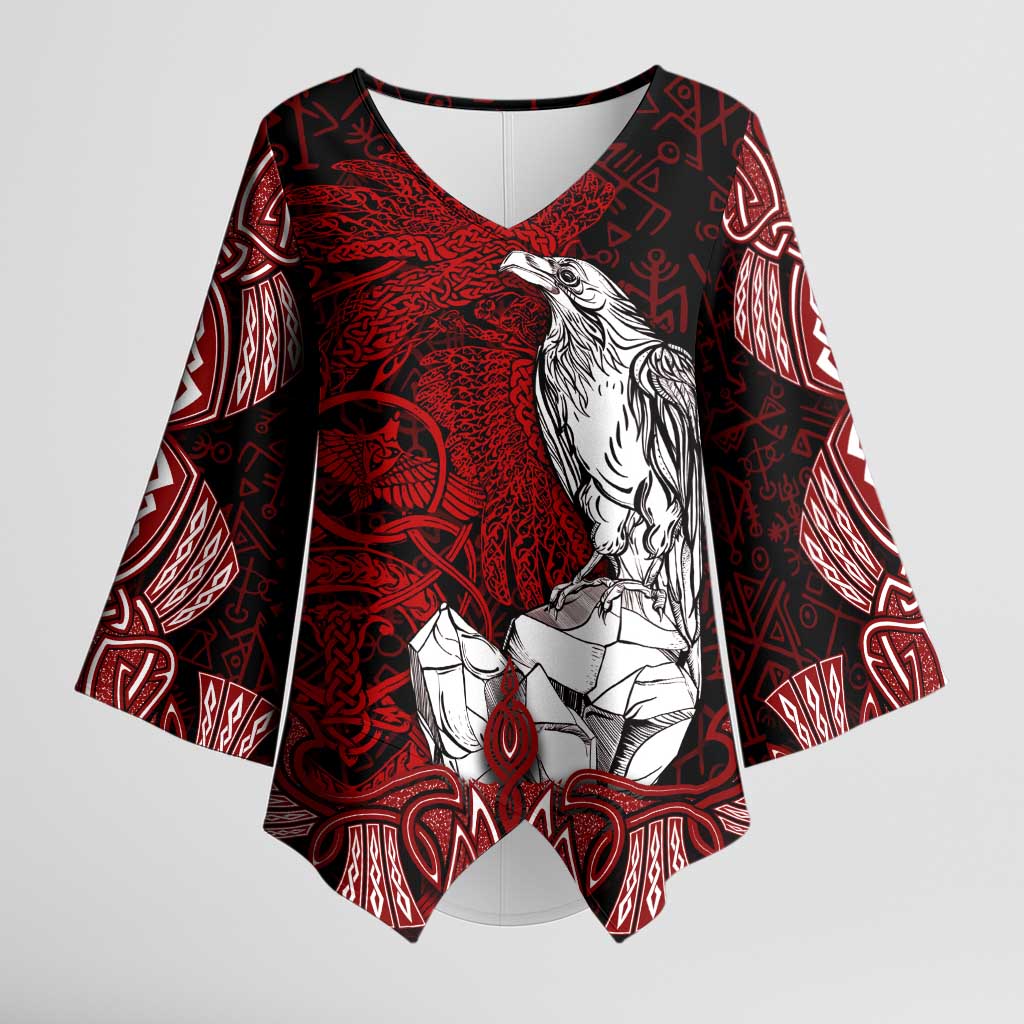 Raven and Serpent Norse Mythology Kimono Sleeve Blouse Red and White Viking Line Art