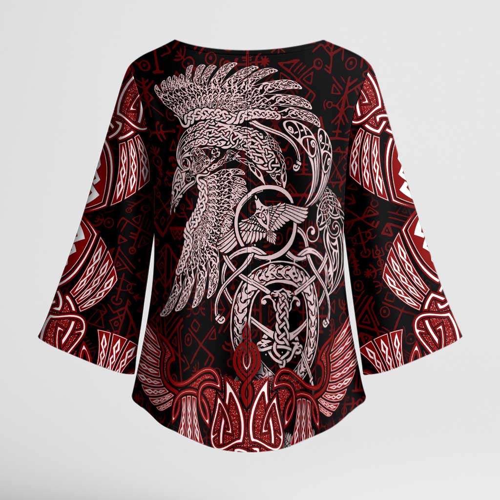 Raven and Serpent Norse Mythology Kimono Sleeve Blouse Red and White Viking Line Art
